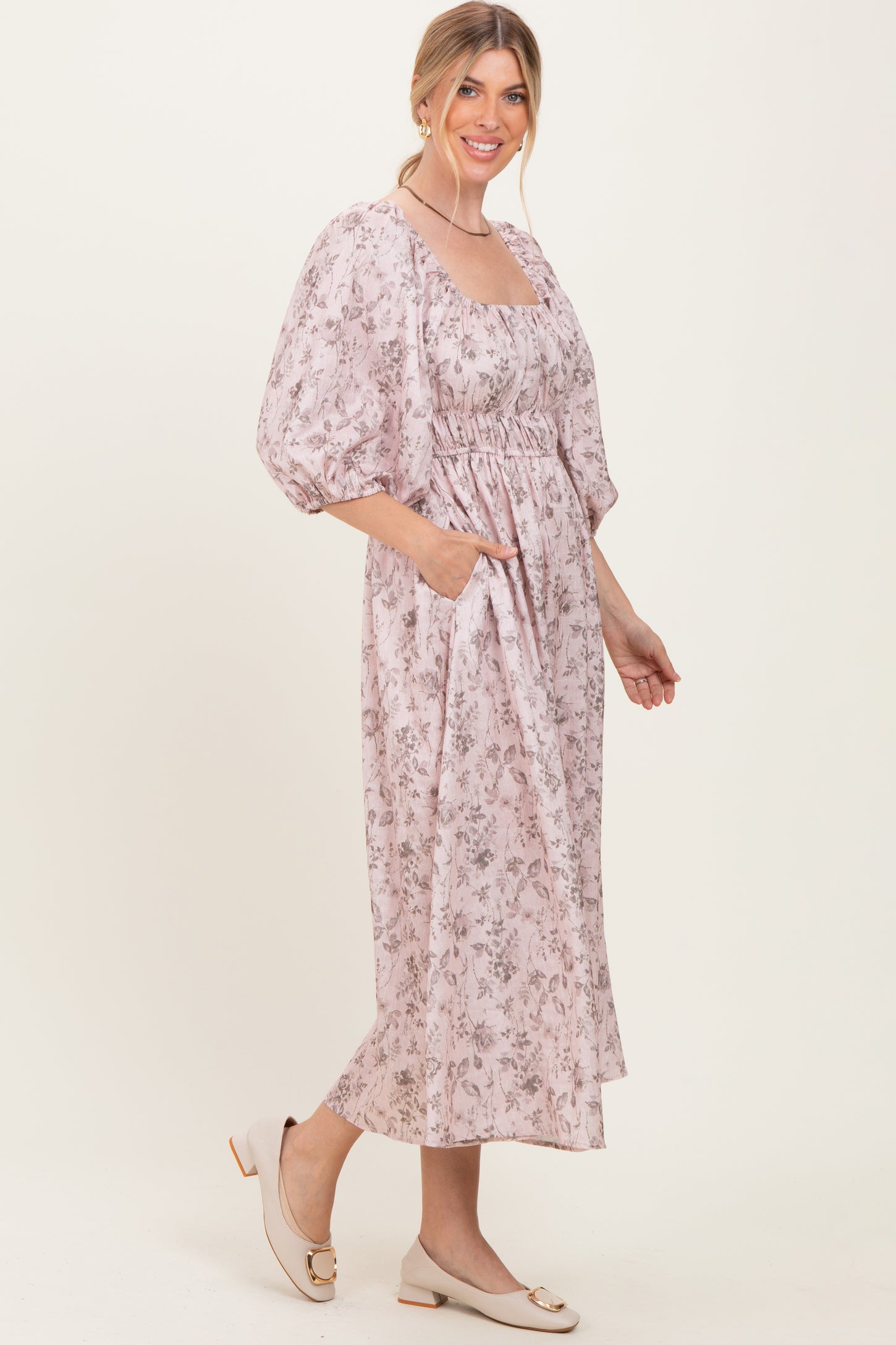Light Pink Floral Puff Sleeve Smocked Waist Midi Dress
