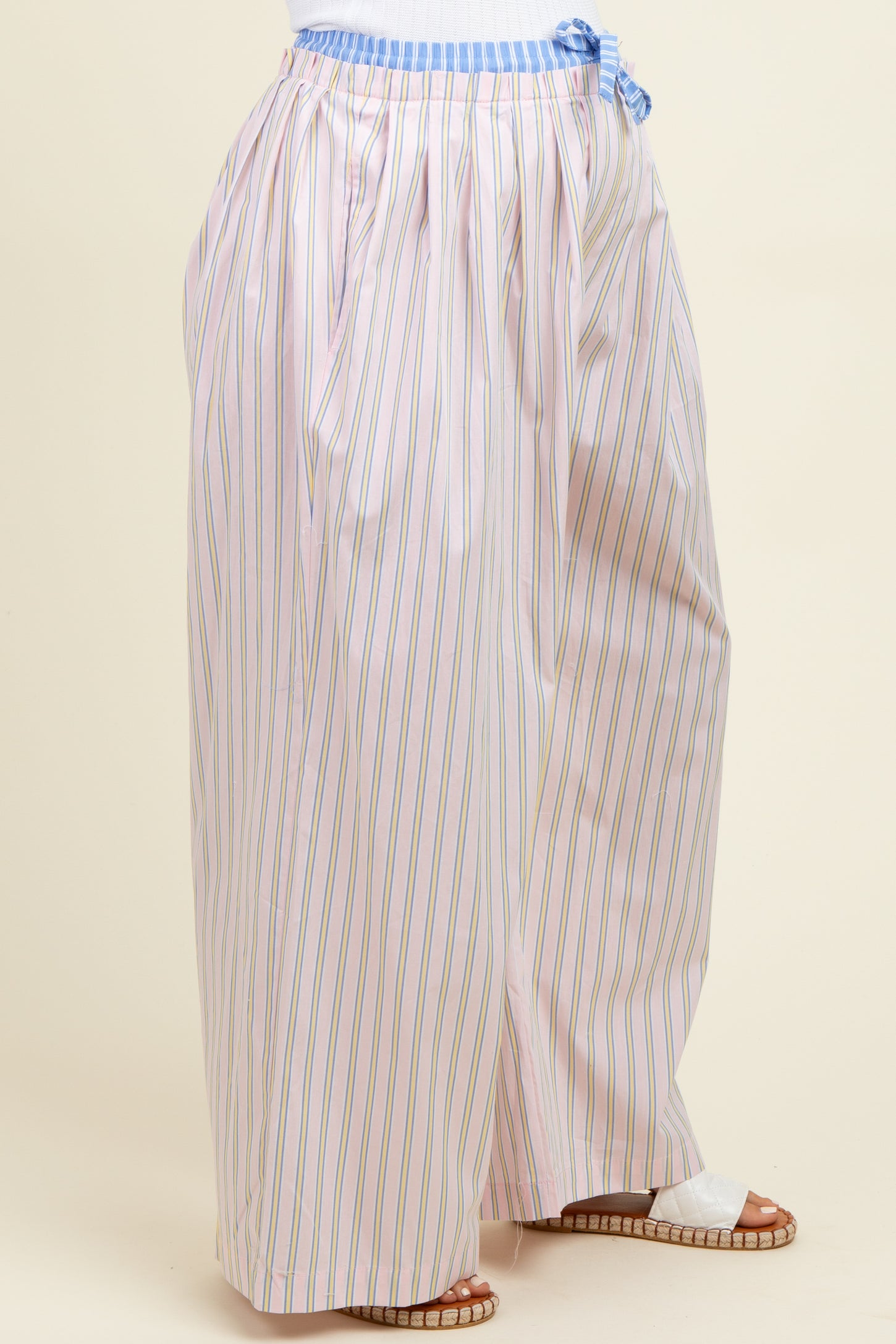Light Pink Striped Drawstring Wide Leg Maternity Pants