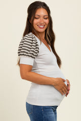 Beige/Olive Striped Ribbed Short Puff Sleeve V-Neck Maternity Top