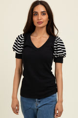 Black/Black Striped Ribbed Short Puff Sleeve V-Neck Top