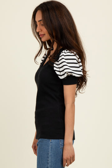 Black/Ivory Striped Ribbed Short Puff Sleeve V-Neck Top
