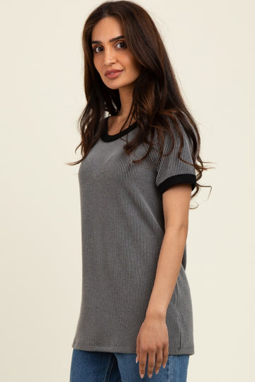 Charcoal/Black Ribbed Short Contrast Sleeve Top