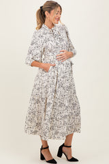 Cream Floral Neck Tie Maternity Midi Dress