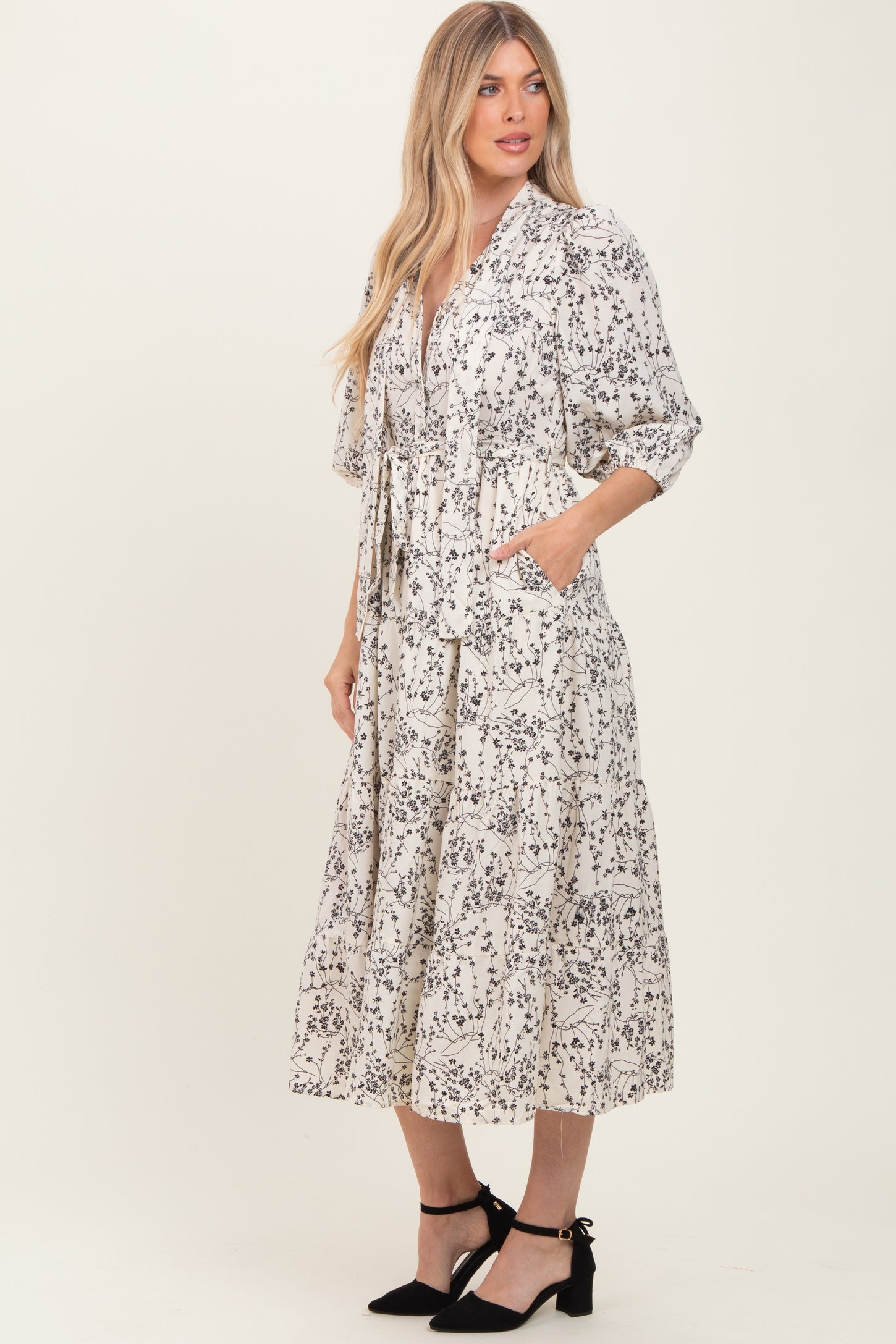 Cream Floral Neck Tie Midi Dress