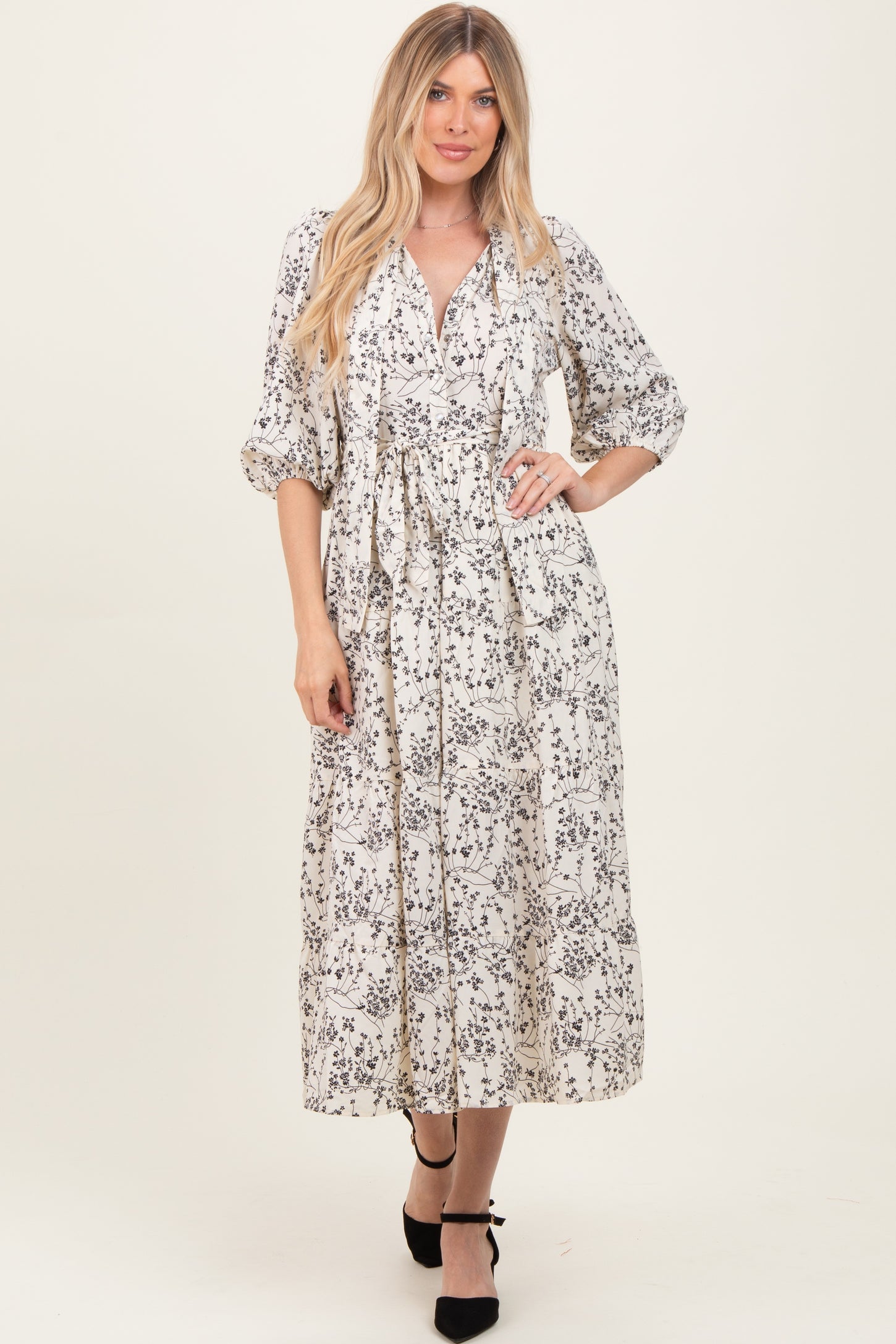 Cream Floral Neck Tie Midi Dress