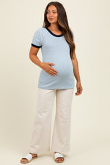 Light Blue/Navy Ribbed Short Contrast Sleeve Maternity Top