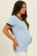 Light Blue/Navy Ribbed Short Contrast Sleeve Maternity Top