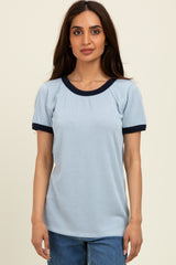 Light Blue/Navy Ribbed Short Contrast Sleeve Maternity Top
