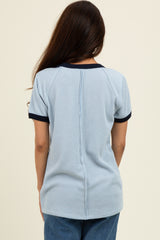 Light Blue/Navy Ribbed Short Contrast Sleeve Top