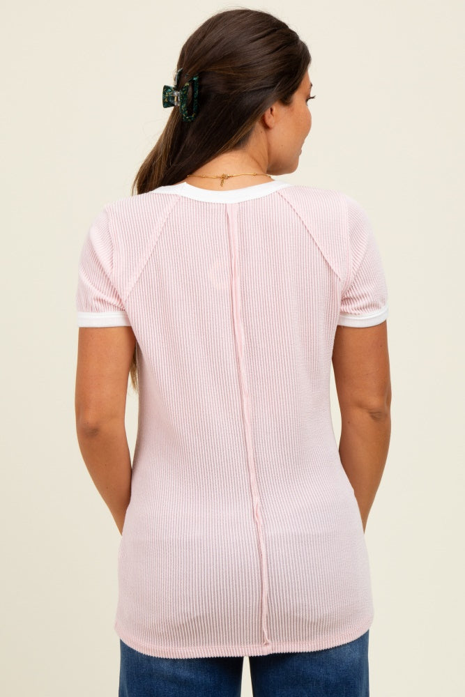Light Pink/Ivory Ribbed Short Contrast Sleeve Maternity Top