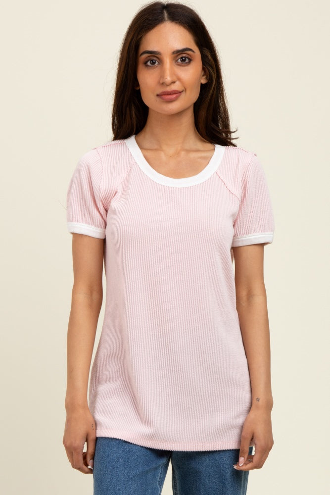 Light Pink/Ivory Ribbed Short Contrast Sleeve Top