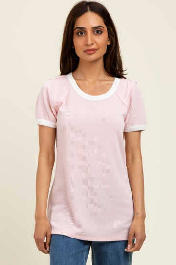 Light Pink/Ivory Ribbed Short Contrast Sleeve Top