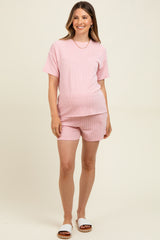 Pink Ribbed Short Sleeve Tee and Short Maternity Set