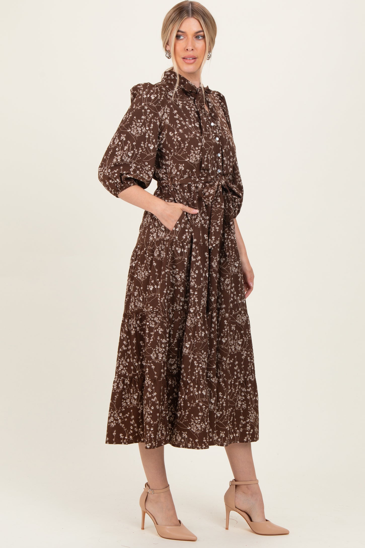 Brown Floral Neck Tie Midi Dress
