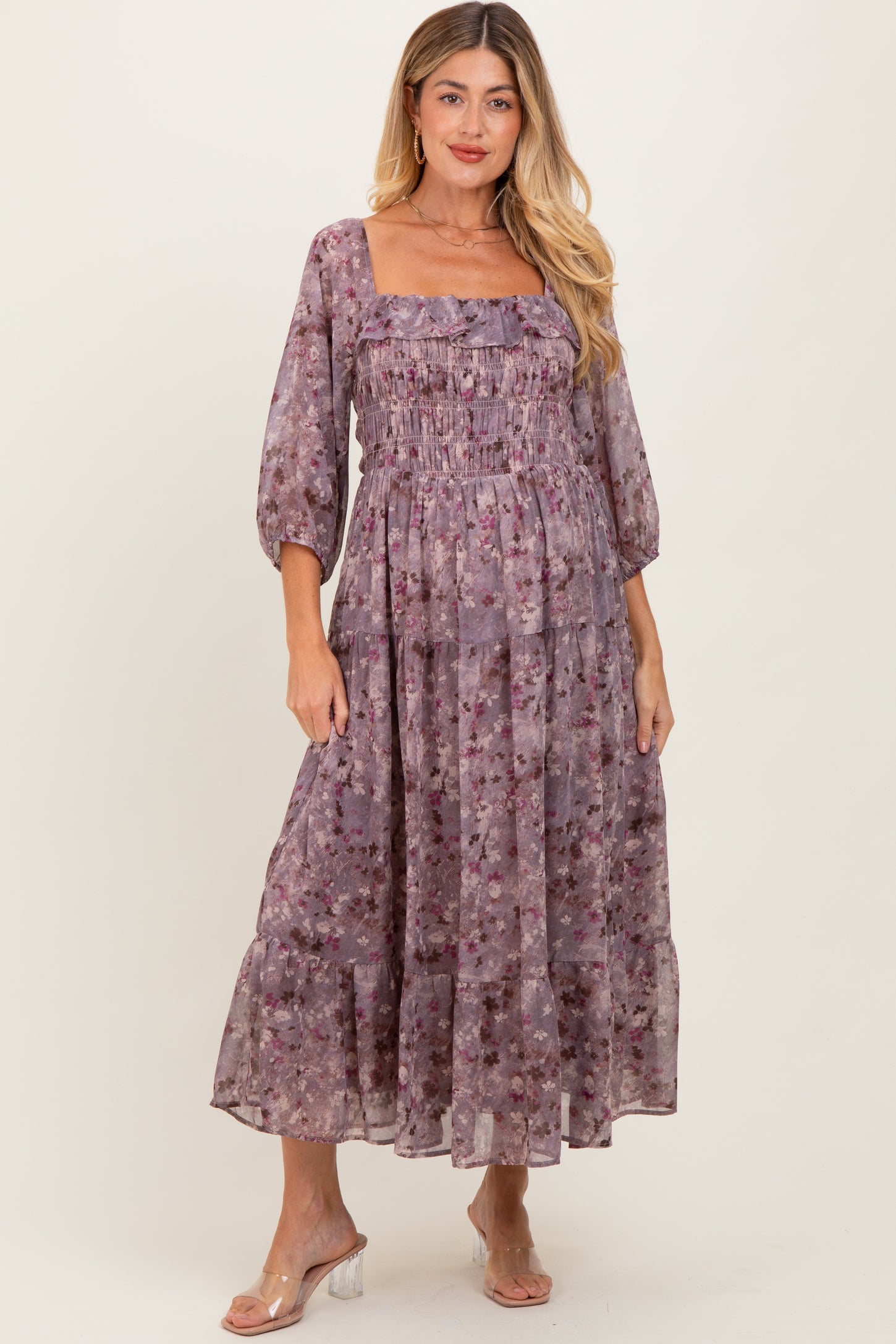 Lavender Floral Square Neck Ruffle Maternity Midi Dress