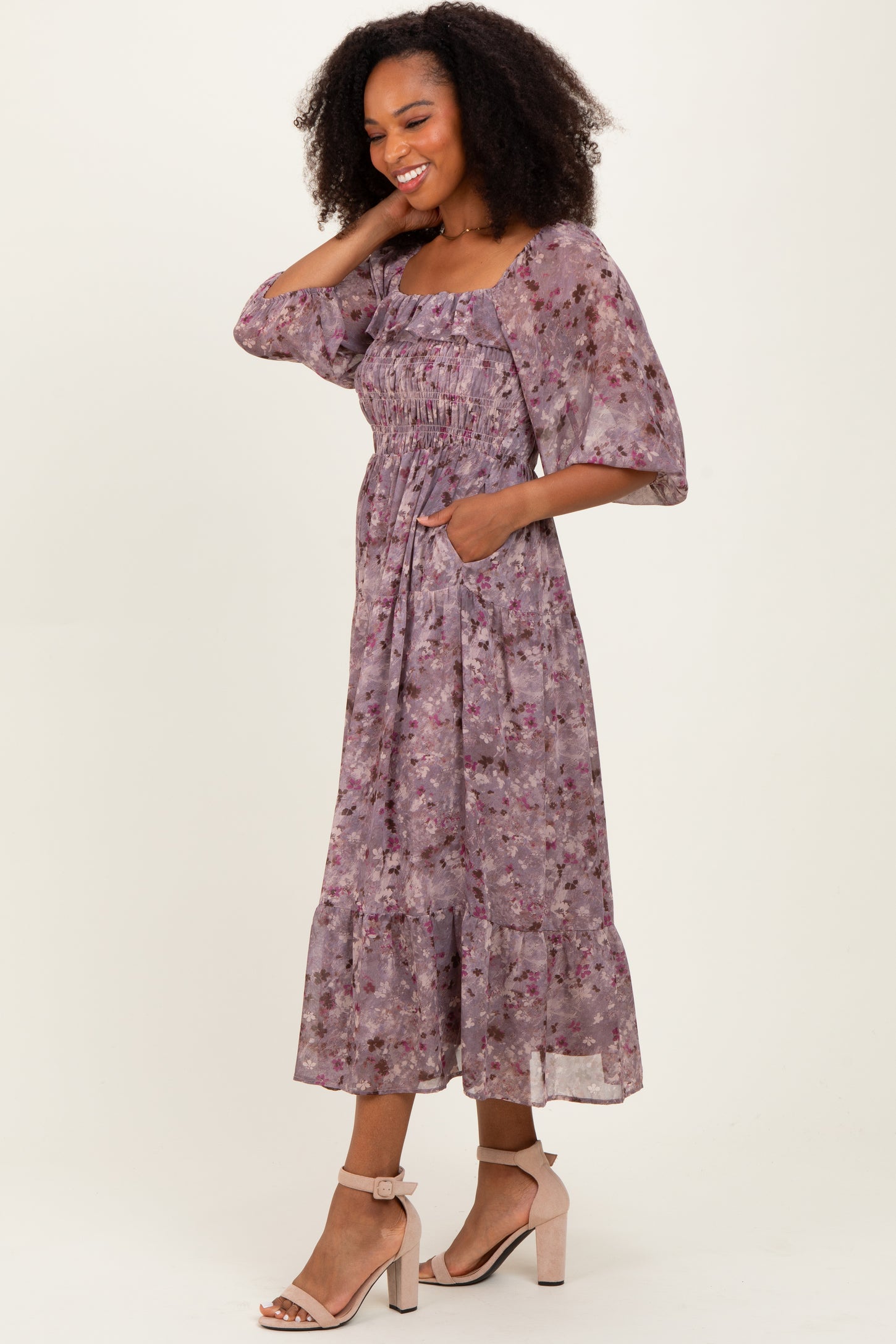 Lavender Floral Square Neck Ruffle Midi Dress
