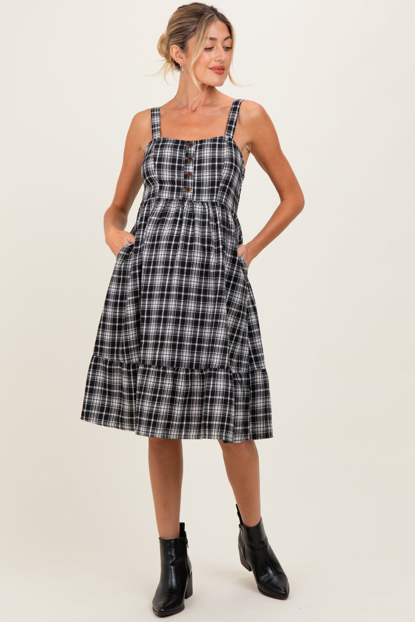 Black Plaid Square Neck Maternity Dress