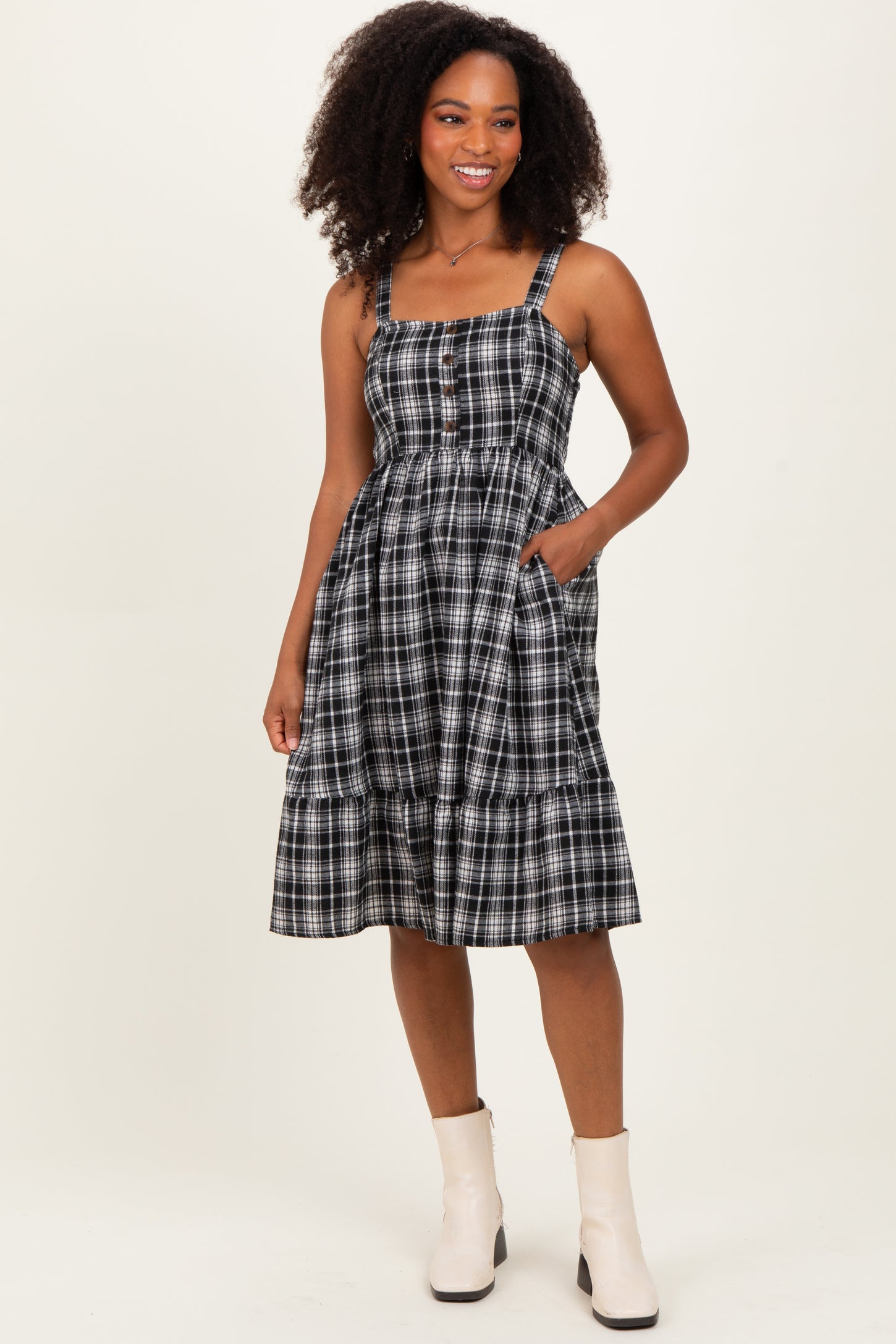 Black Plaid Square Neck Maternity Dress