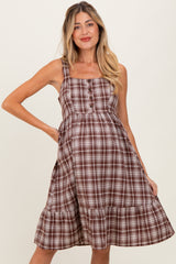 Brown Plaid Square Neck Maternity Dress