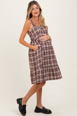 Brown Plaid Square Neck Maternity Dress