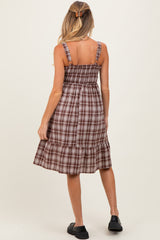 Brown Plaid Square Neck Maternity Dress