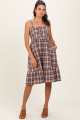 Brown Plaid Square Neck Dress