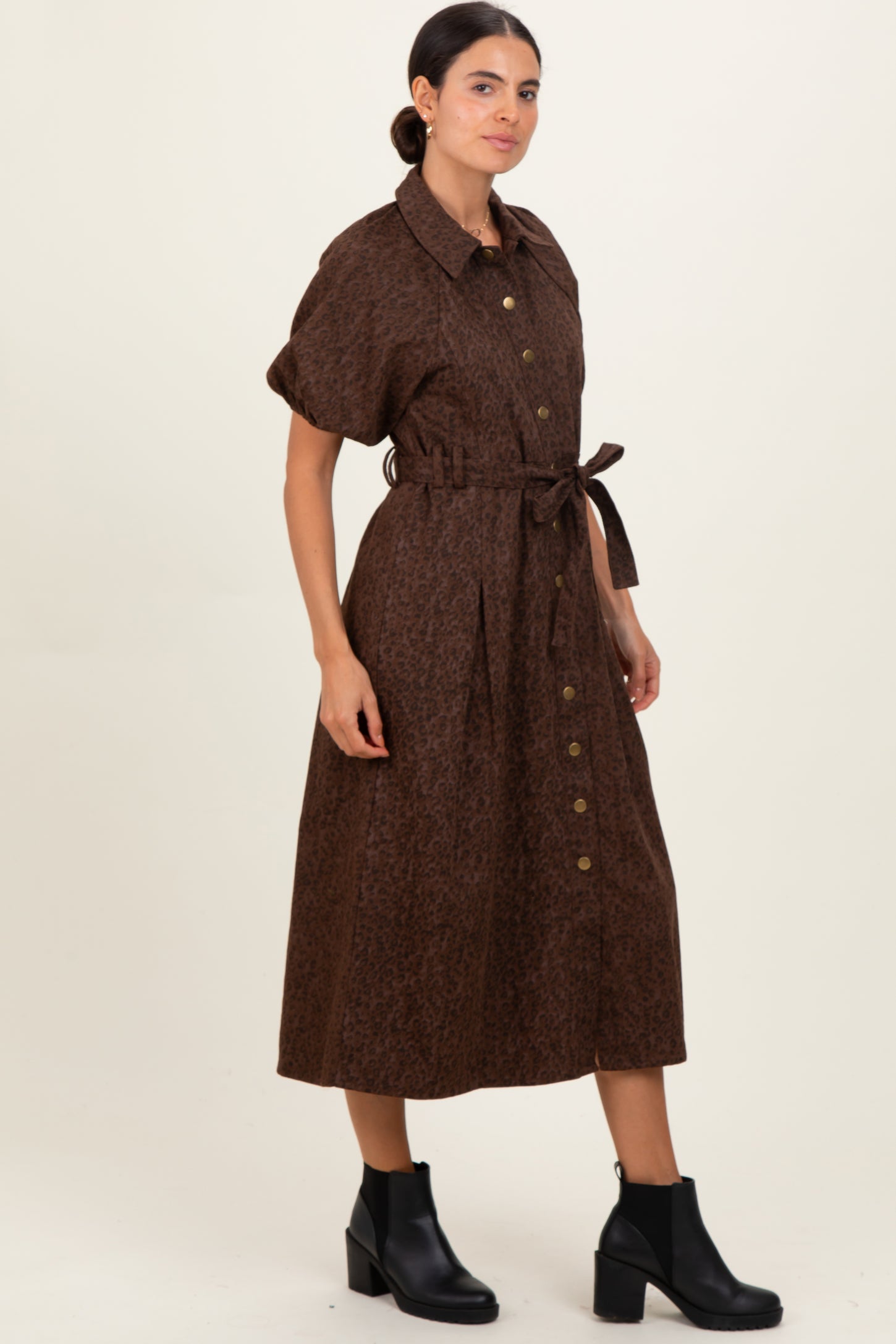 Brown Floral Button Front Waist Tie Midi Dress