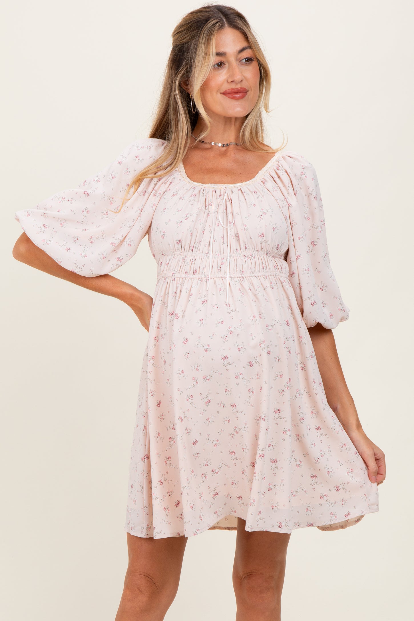Cream Floral Square Neck Bubble Sleeve Maternity Dress