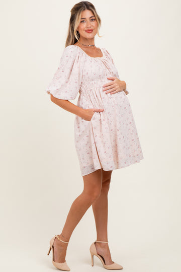 Cream Floral Square Neck Bubble Sleeve Maternity Dress