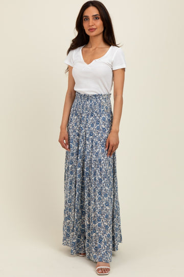 Blue Floral Smocked Waist Tiered Maxi Skirt
