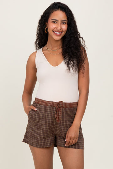 Brown Plaid Drawstring Button Accent Maternity Shorts