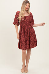 Burgundy Floral Square Neck Maternity Dress