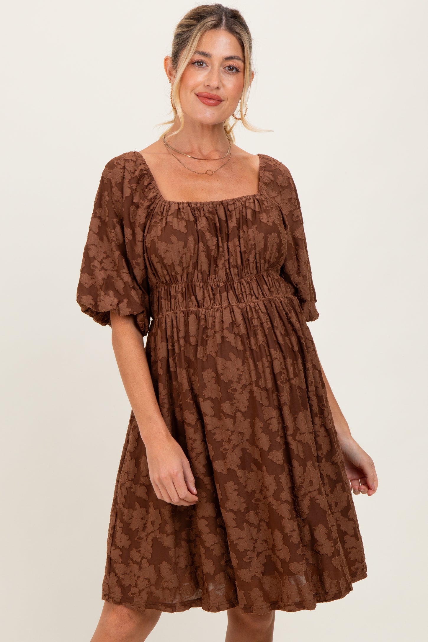 Brown Floral Square Neck Maternity Dress