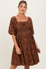Brown Floral Square Neck Maternity Dress
