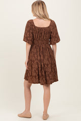 Brown Floral Square Neck Dress