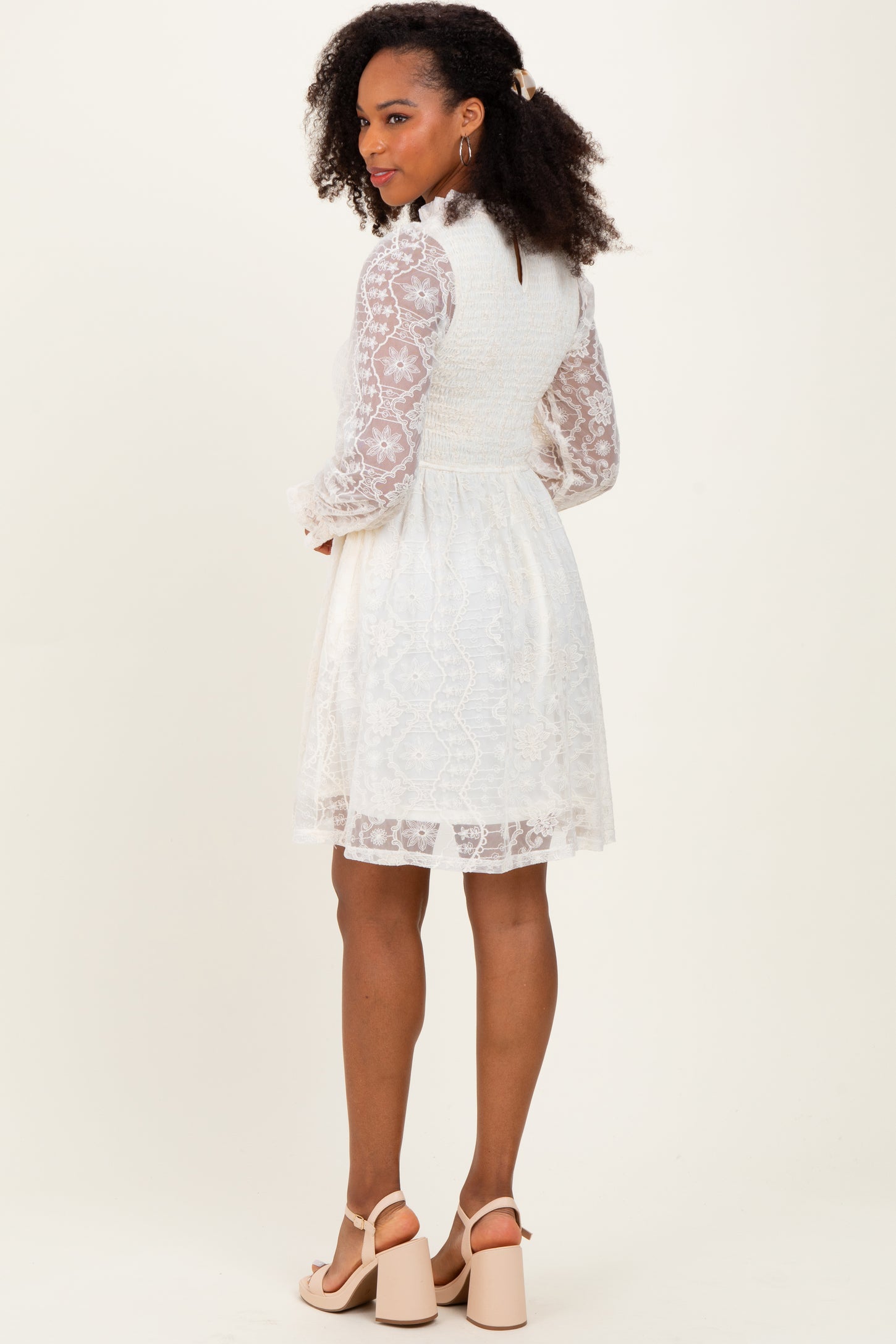 Cream Lace Smocked Long Sleeve Dress