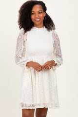 Cream Lace Smocked Long Sleeve Dress