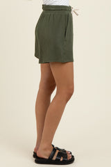 Olive Ribbed Texture Drawstring Shorts