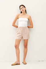 Beige Striped Linen Blend Shorts