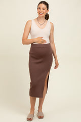 Mocha Ribbed Knit Side Slit Maternity Midi Skirt