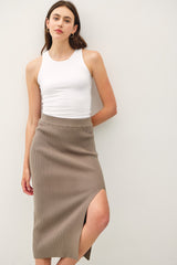 Olive Ribbed Knit Side Slit Maternity Midi Skirt