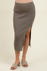 Olive Ribbed Knit Side Slit Maternity Midi Skirt