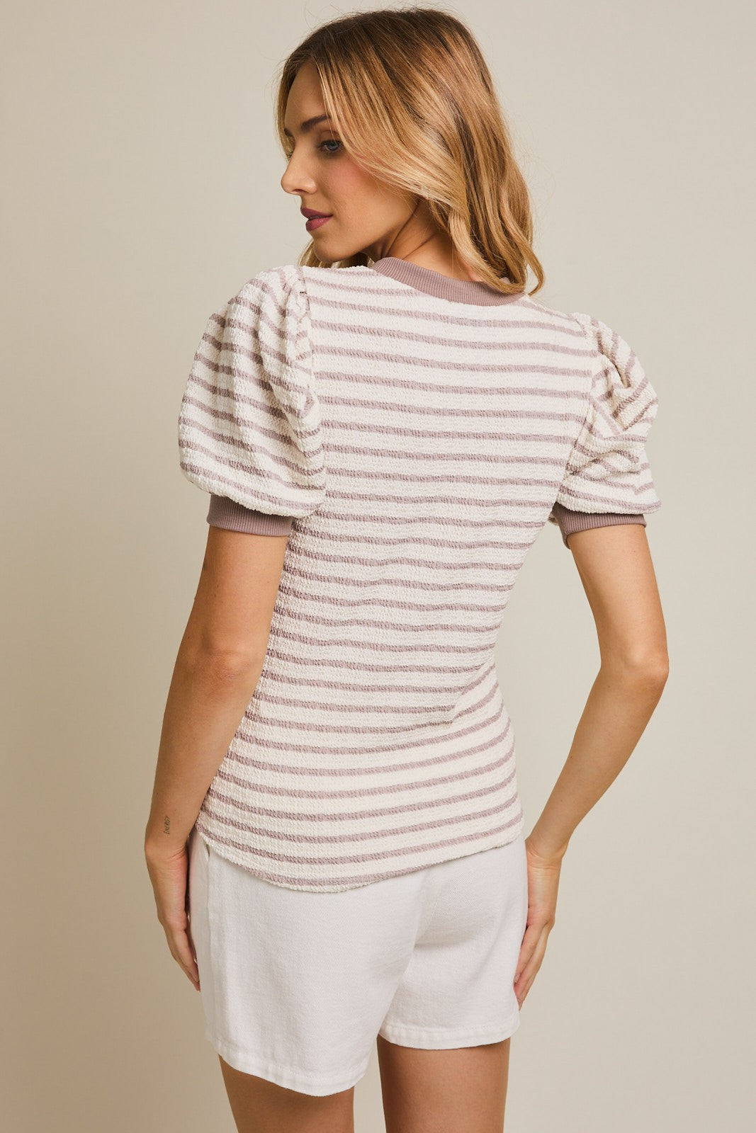 Ivory Striped Puff Short Sleeve Top