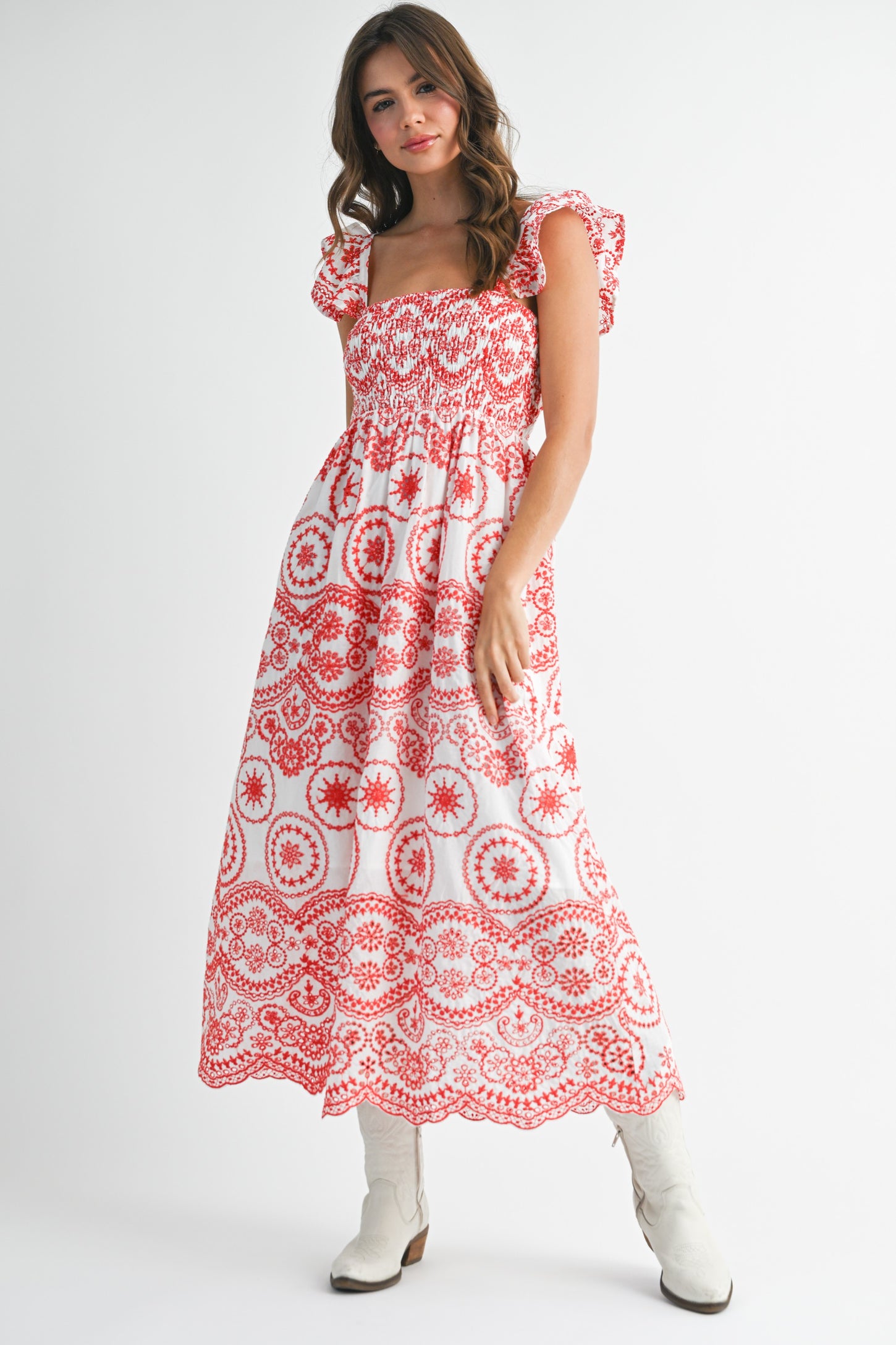 woman wearing a red and white floral maxi dress with short ruffled sleeves and a smocked bodice