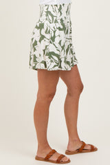 Light Olive Floral Smocked Waist Shorts