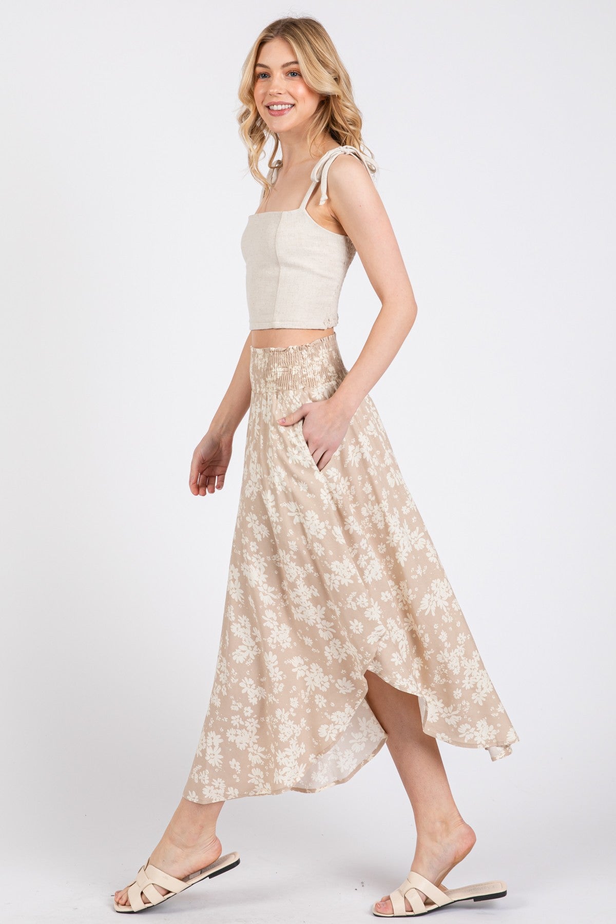 Beige Floral Smocked Waist Round Hem Maxi Skirt