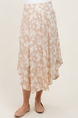 Beige Floral Smocked Waist Round Hem Maternity Maxi Skirt