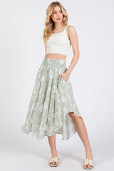 Light Olive Floral Smocked Waist Round Hem Maternity Midi Skirts