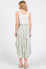 Light Olive Floral Smocked Waist Round Hem Midi Skirts