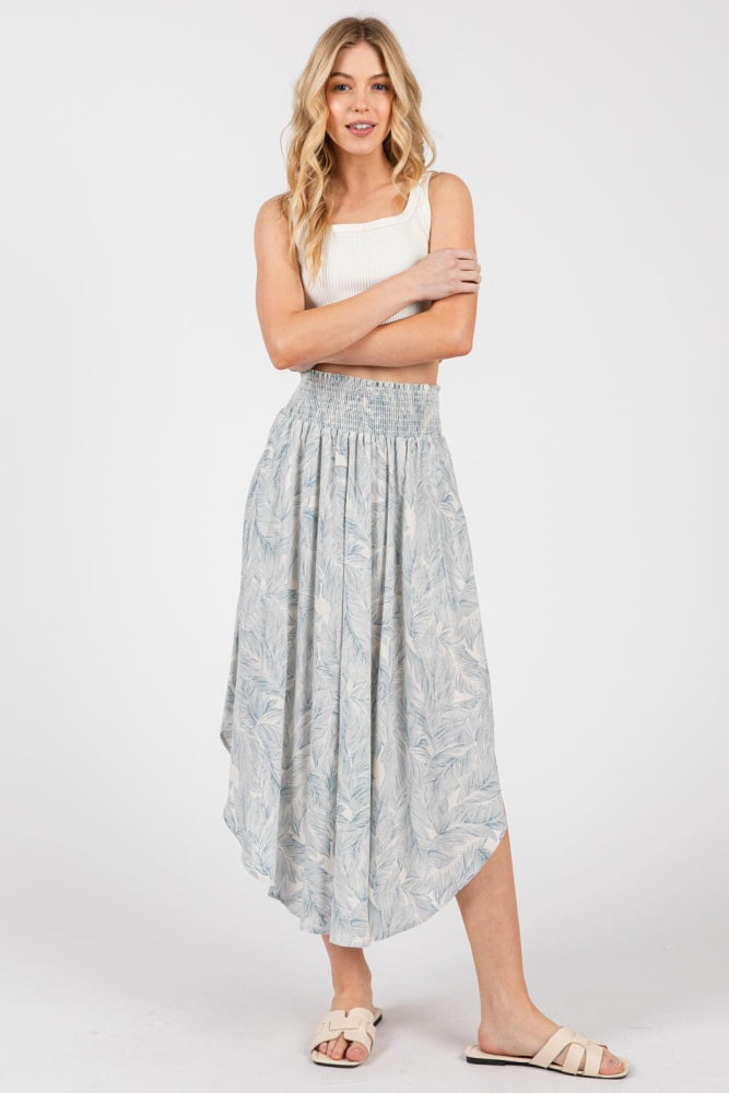 Blue Printed Smocked Waist Round Hem Midi Skirt